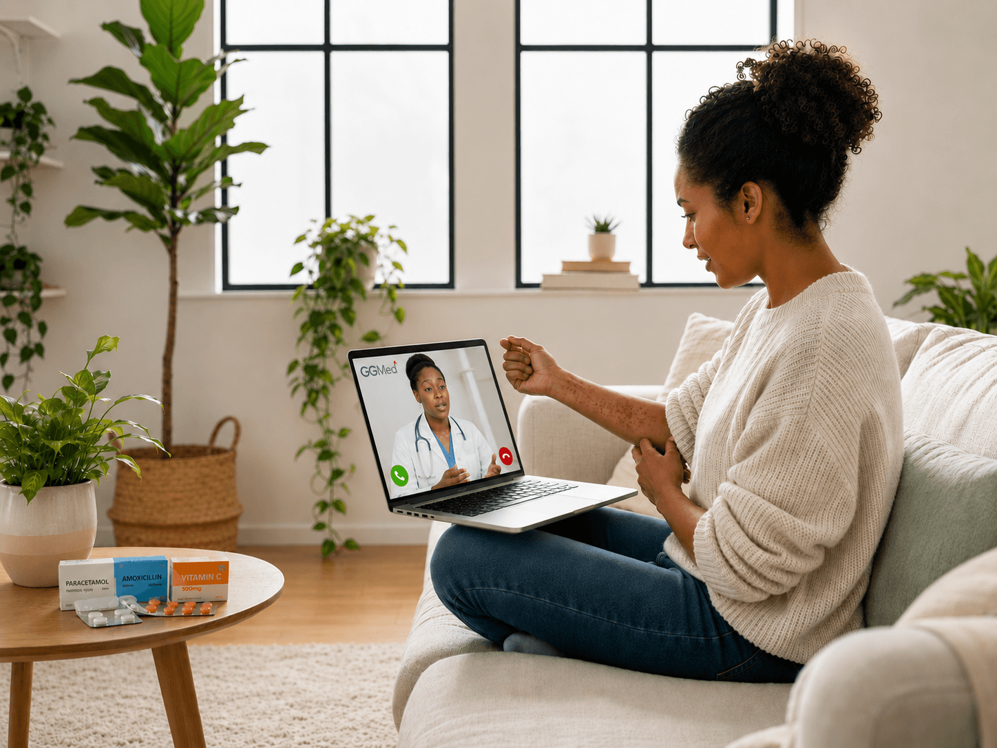Woman showing a skin rash to a doctor during a telehealth appointment on her laptop.