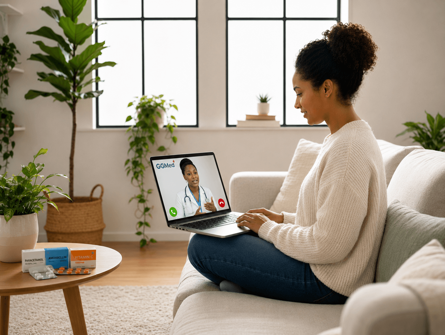 Woman on a sofa having a virtual medical consultation with a doctor via her laptop.