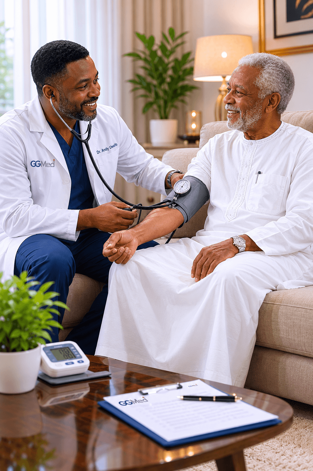 A doctor checks the blood pressure of a smiling elderly man at home.