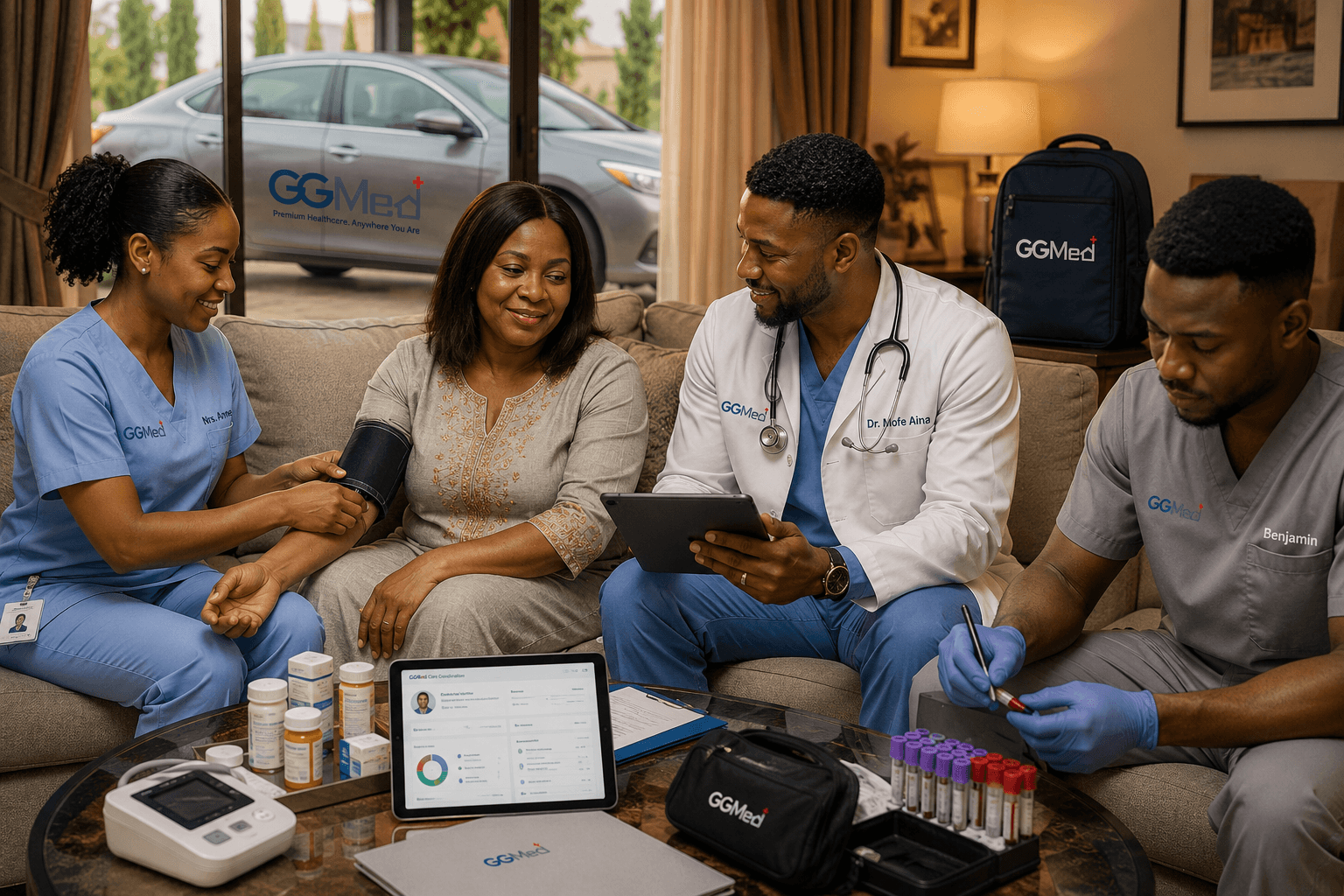 GGMed healthcare professionals provide home medical services to a woman in her living room.