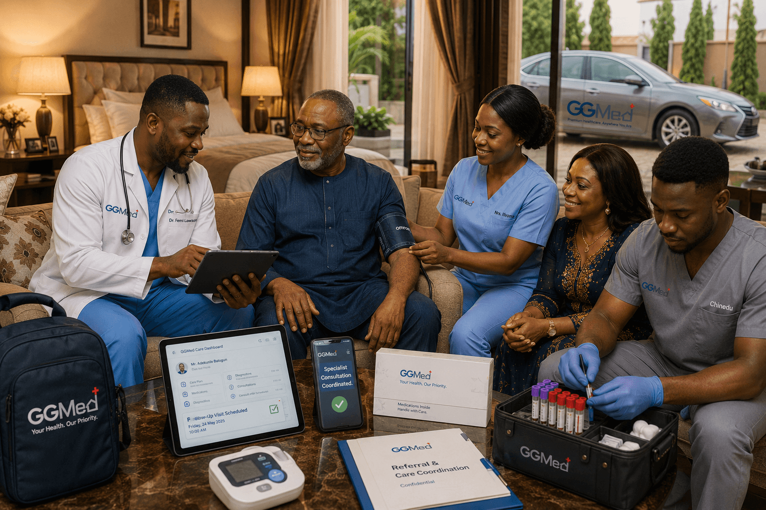 Healthcare professionals provide personalized home medical care to a senior man using various diagnostic tools.