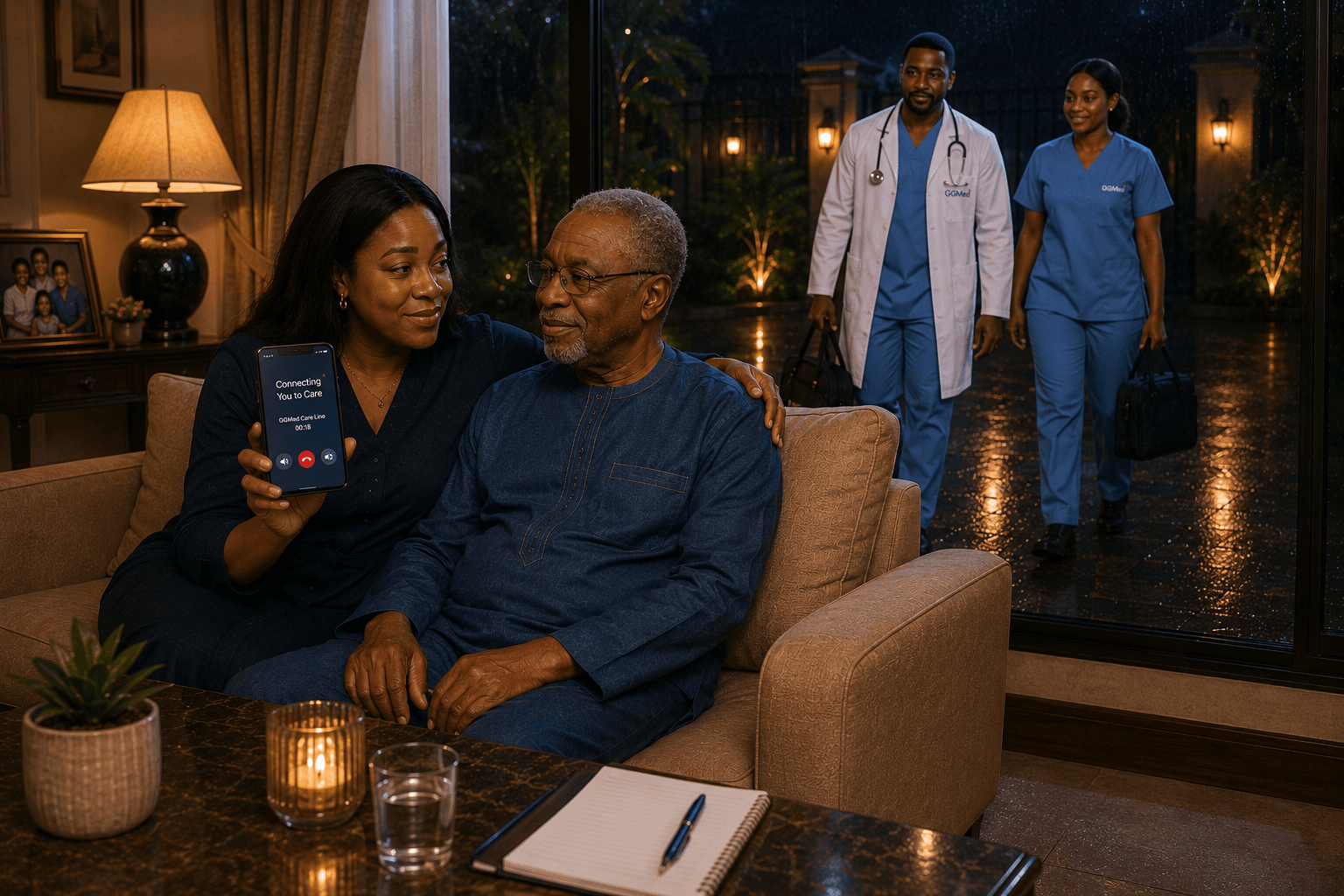 Woman shows a healthcare app to an elderly man while medical staff arrive at night.