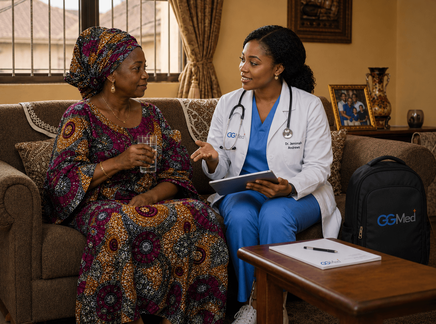 A doctor in a white coat consults with an elderly woman in traditional African clothing.