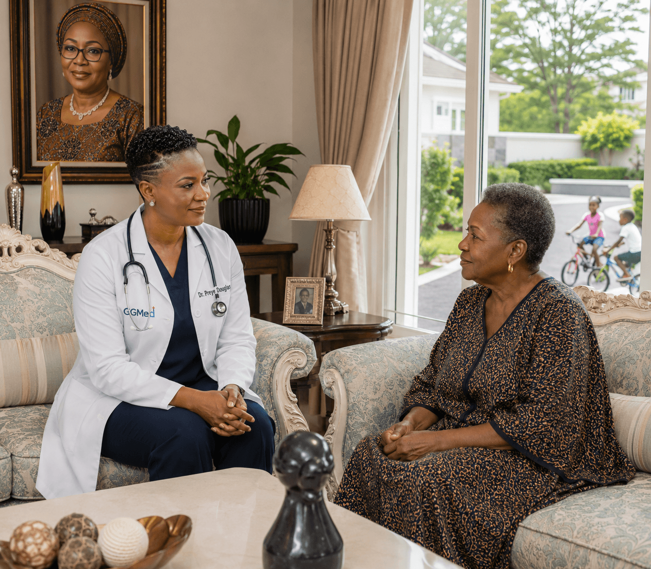 A Black female doctor in a white coat consults with an elderly woman at home.