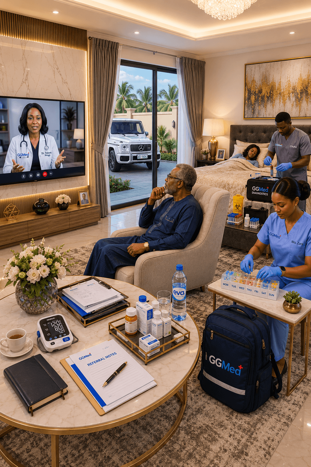 Elderly man watches a telehealth consultation while medical professionals provide personalized in-home healthcare services.