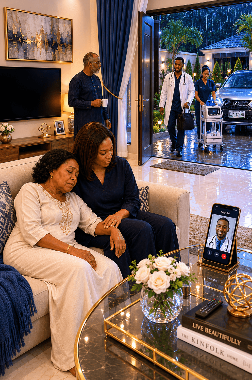 Family cares for an elderly woman as medical professionals arrive for an in-home checkup.