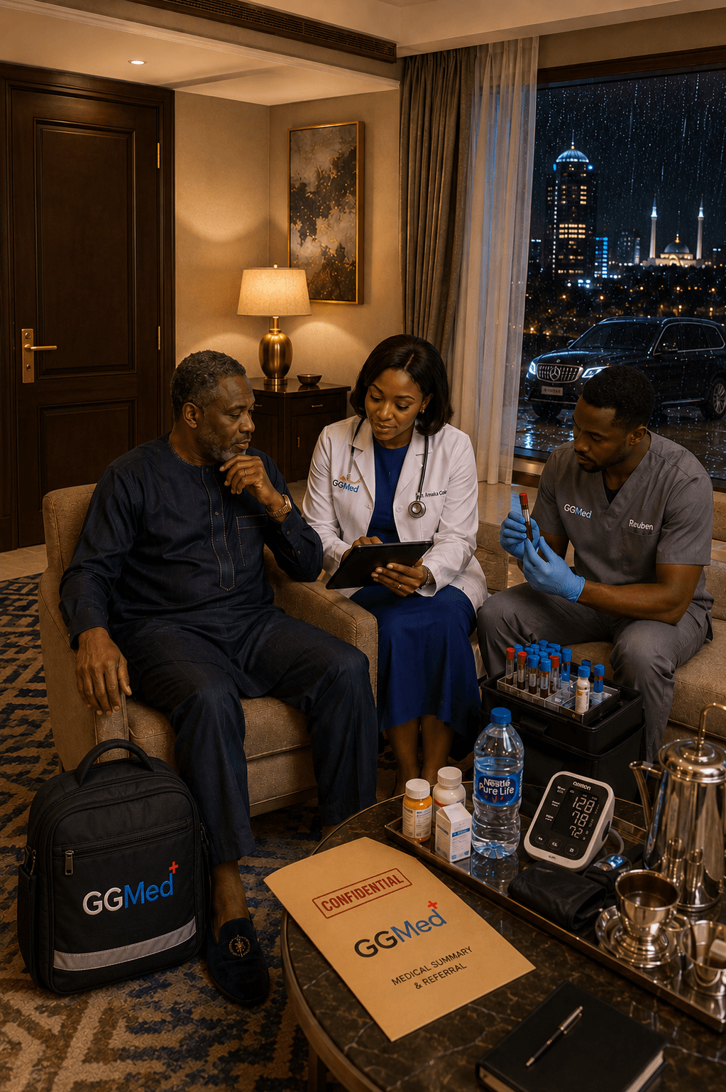 Medical professionals provide a private health consultation to a man in a luxury setting.