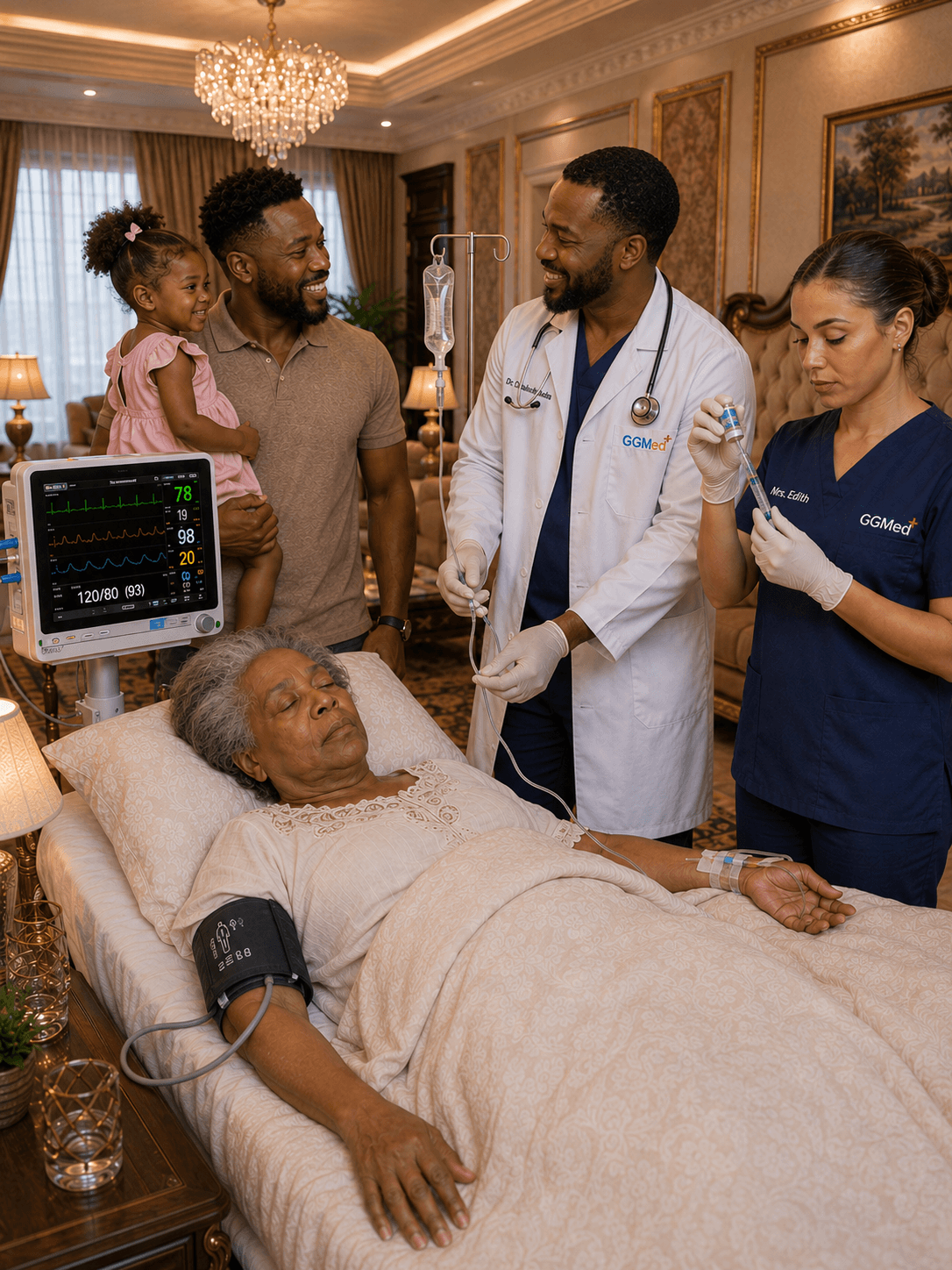 Medical professionals provide home healthcare to an elderly woman while her smiling family looks on.