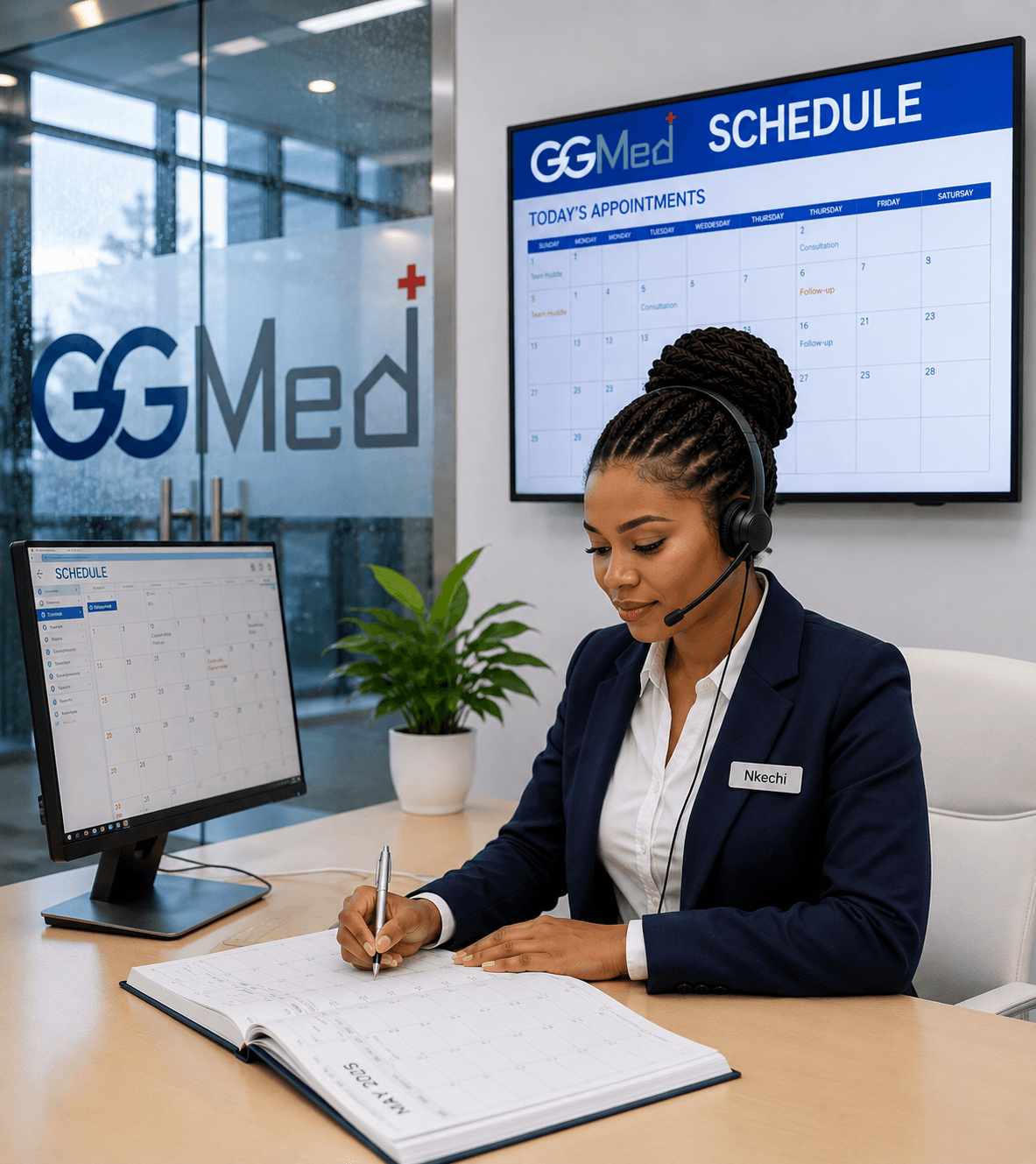 Medical receptionist wearing a headset writes in a planner at a desk with digital schedules.