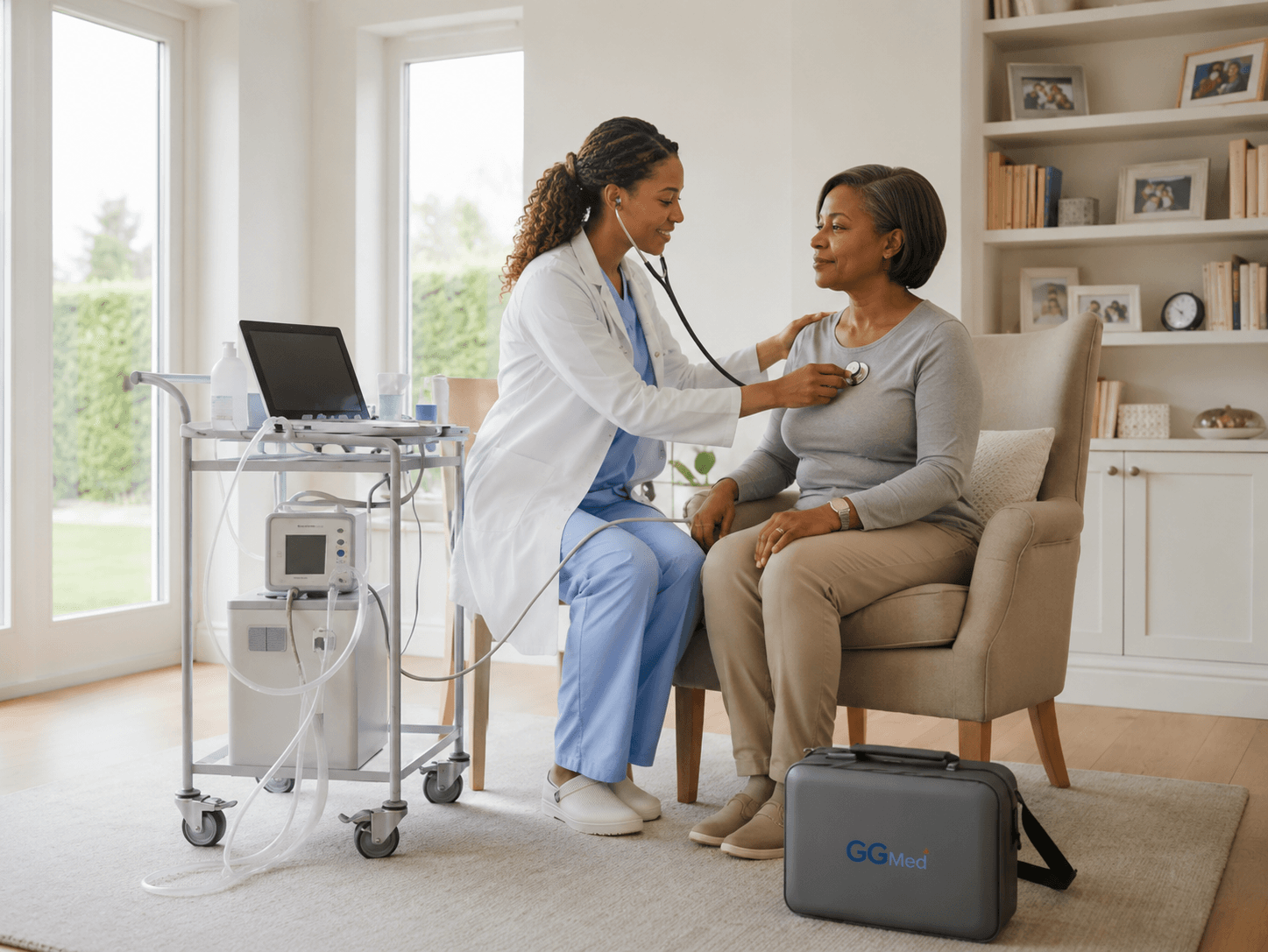 Female doctor examines a patient with a stethoscope during a home medical visit.