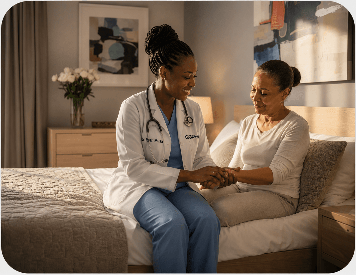 Smiling female doctor in white coat comfortingly holds the hand of a senior woman.