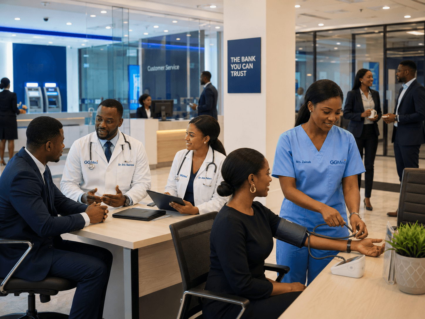 Medical professionals provide health consultations and blood pressure checks inside a modern bank branch.