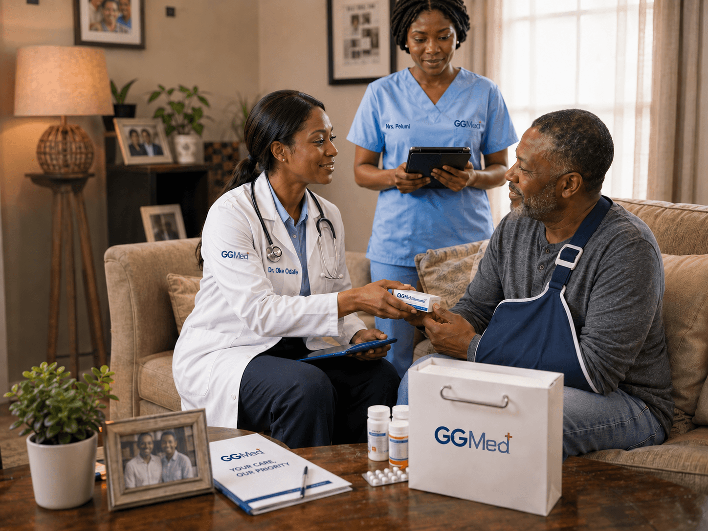 Doctor hands medication to a senior man with an arm sling during a home visit.