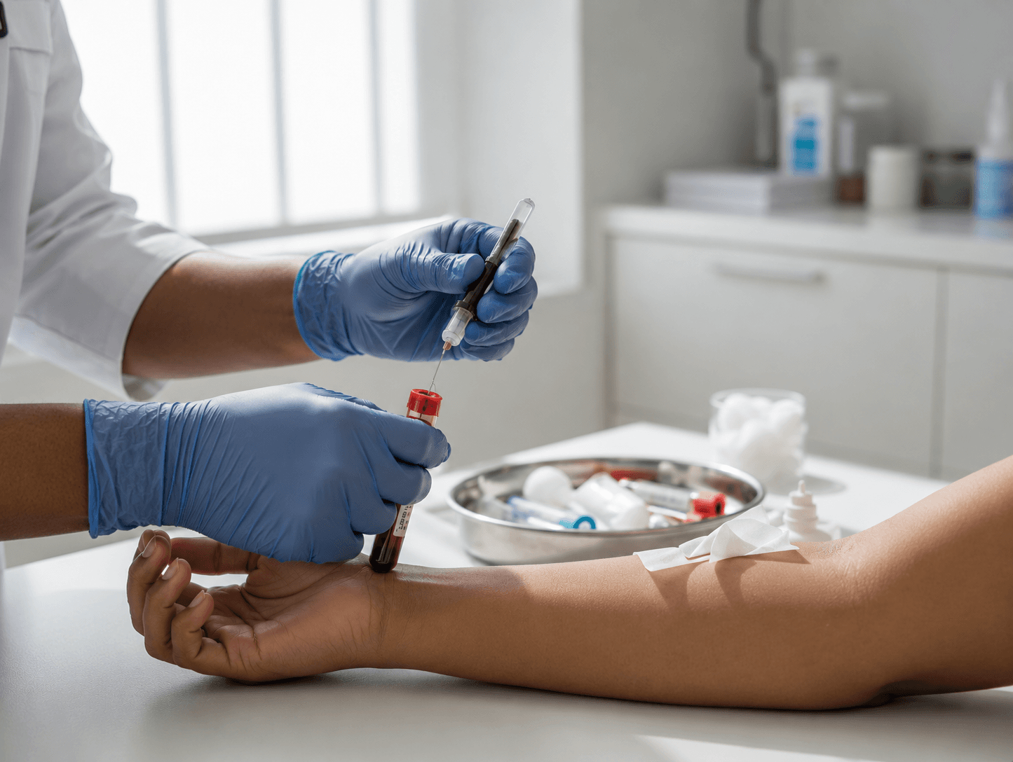 Healthcare professional in blue gloves draws blood from a patient's arm into a collection tube.