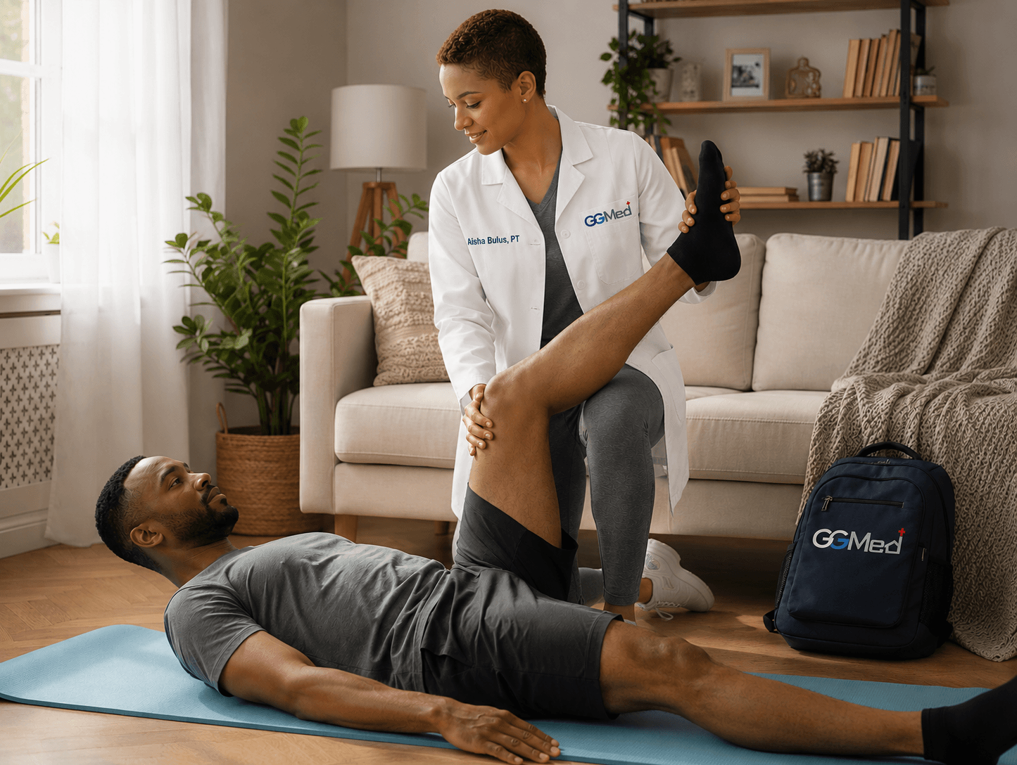 Female physical therapist in a white coat assists a man with leg stretches at home.