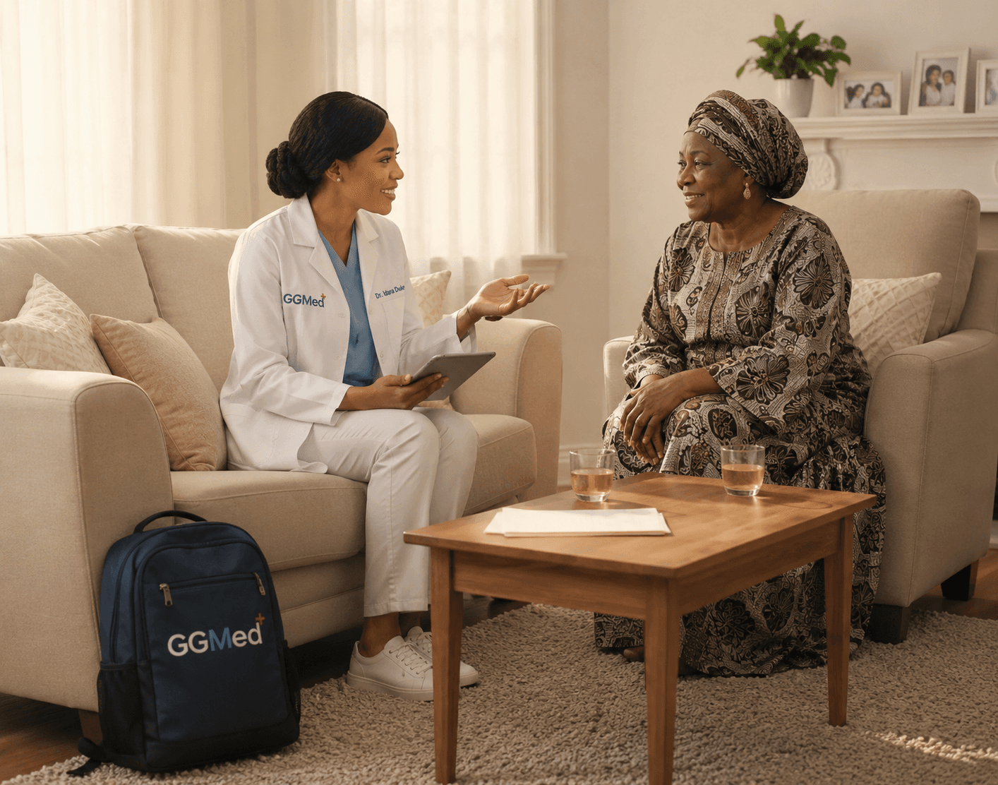 Female doctor in a white coat consults with an elderly woman during a home visit.