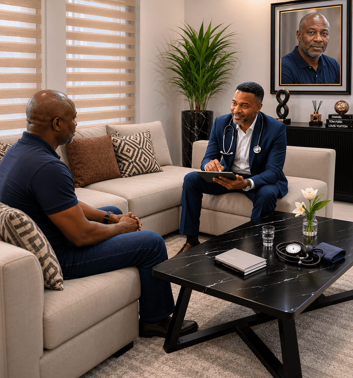A Black doctor in a blue suit consults with a patient in a modern home.