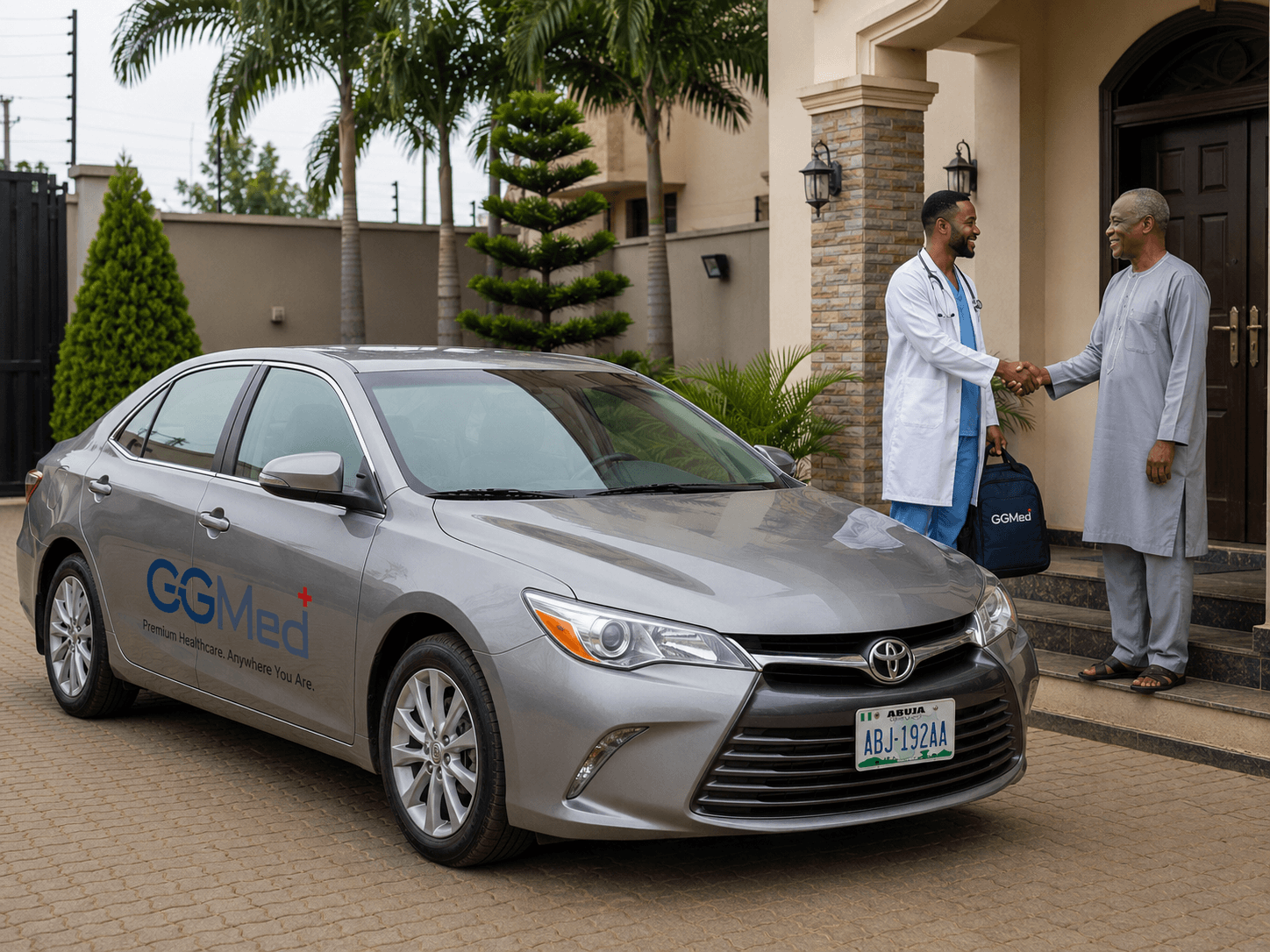 Doctor shaking hands with an elderly man at home beside a branded GGMed car.