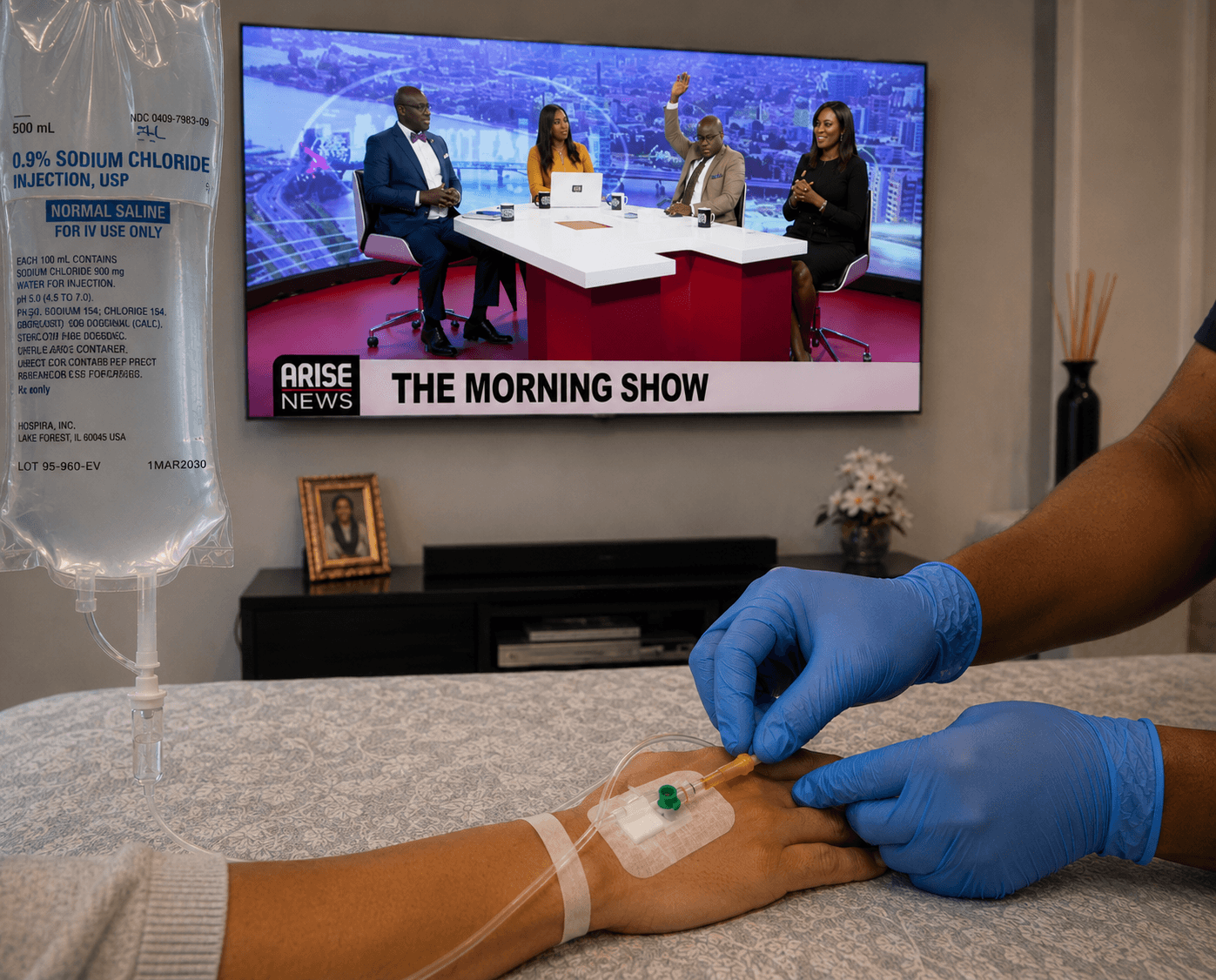 Gloved hands adjust an IV in a patient's hand with a news program on TV.