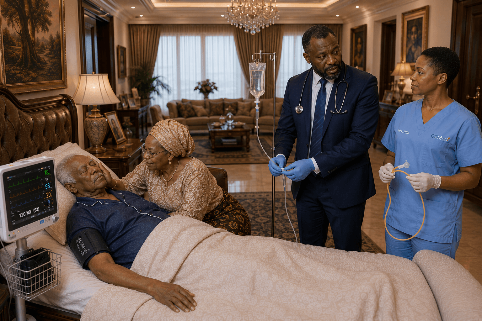 Medical team providing home care to an elderly man in bed, comforted by his wife.